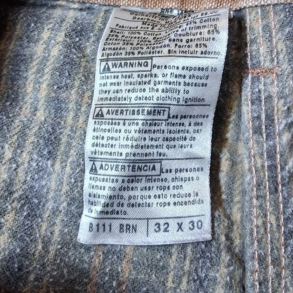 Carhartt B111 BRN Flannel Lined Duck Canvas Work Pants Mens 32x30 Brown Dungaree